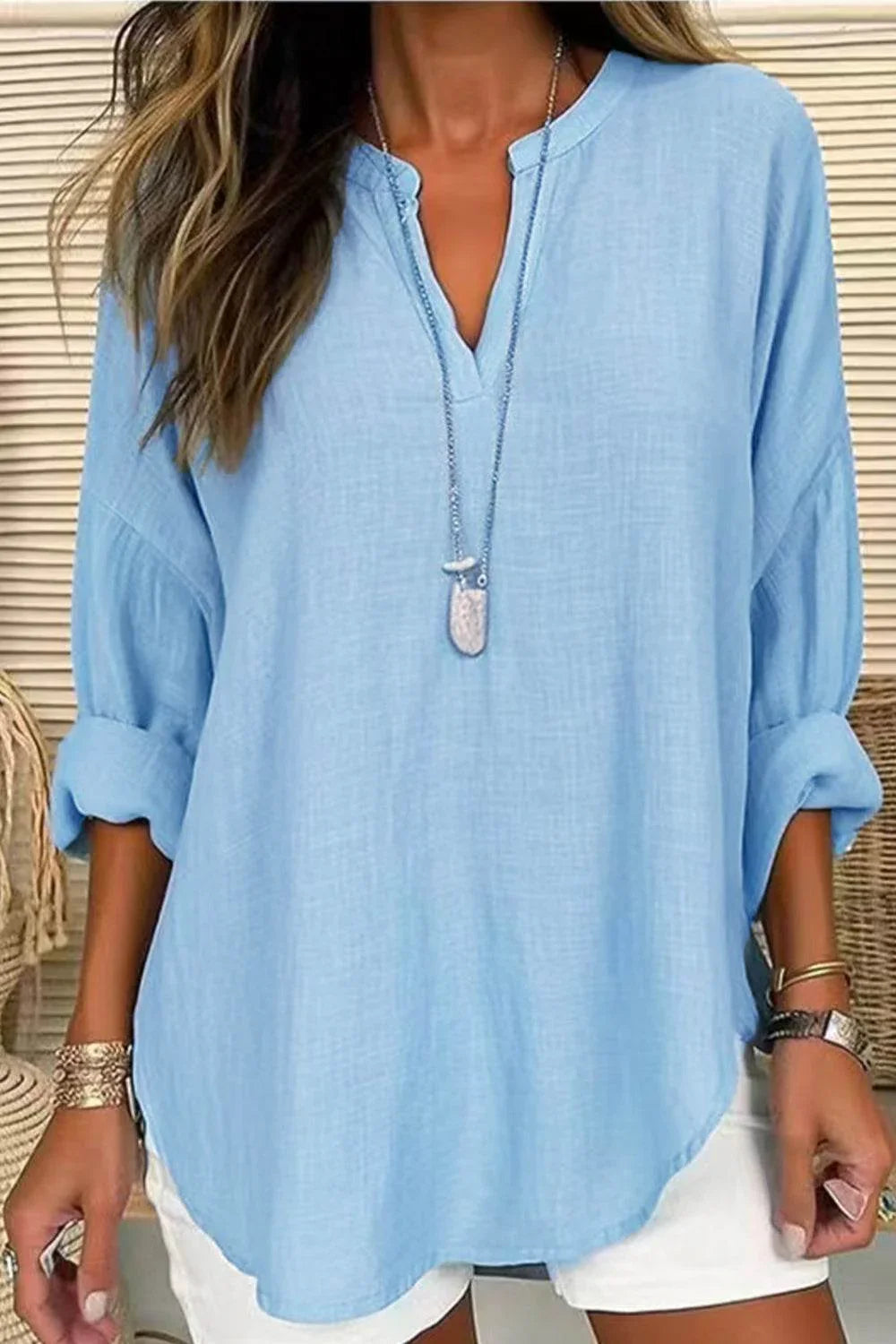 Solid Color Notched Long Sleeve Blouse - Bona Fide Fashion