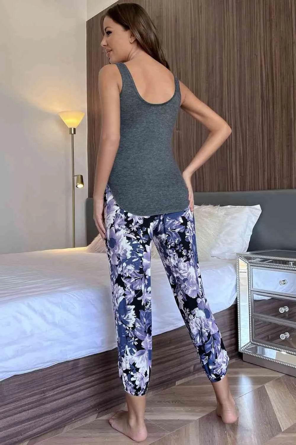 Scoop Neck Tank and Floral Cropped Pants Lounge Set - Bona Fide Fashion