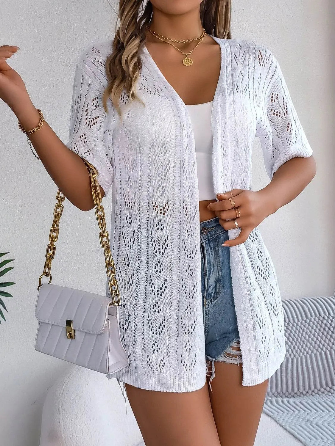Openwork Open Front Half Sleeve Cardigan - Bona Fide Fashion