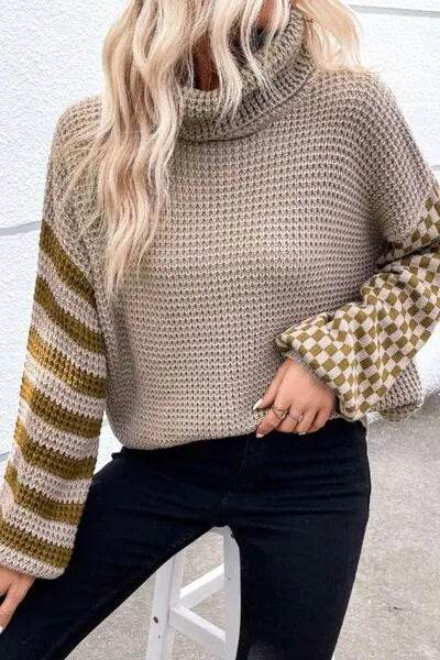 Striped & Checkered Turtleneck Dropped Shoulder Sweater - Bona Fide Fashion
