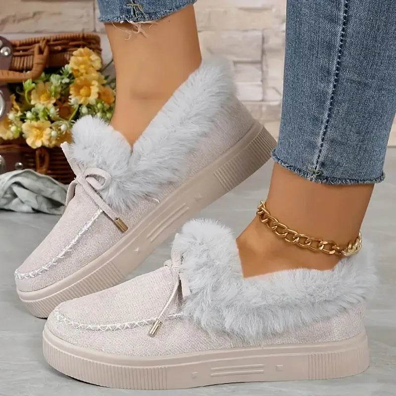 Bow Furry Round Toe Flat Slip-Ons - Bona Fide Fashion
