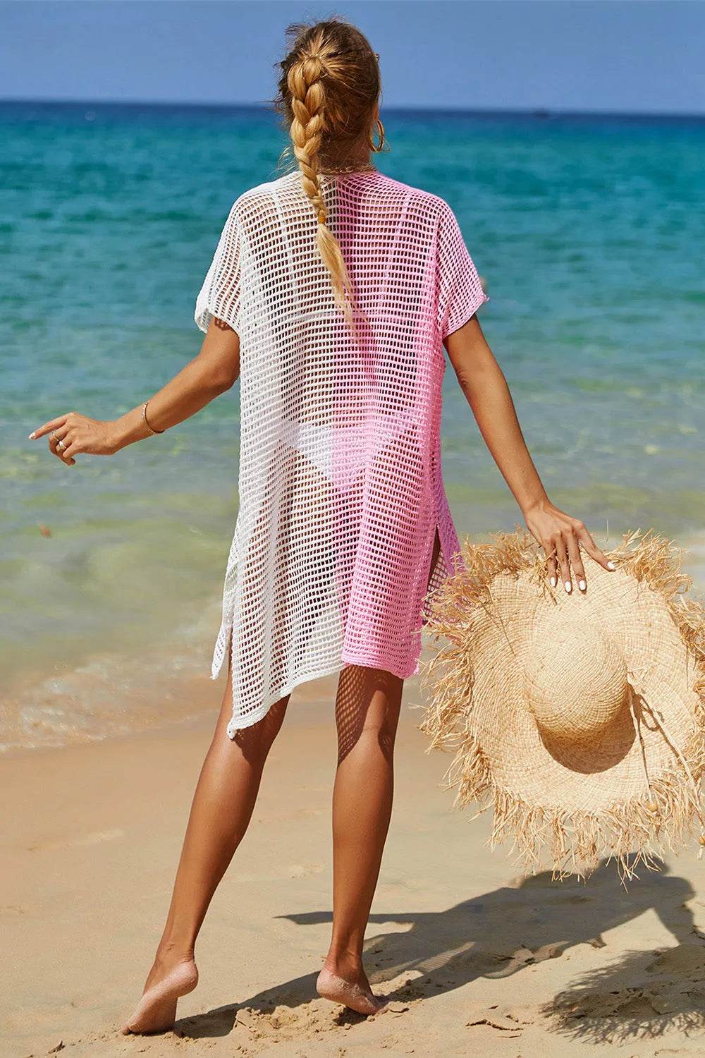 Angel Wings Openwork Contrast Slit Knit Cover Up - Bona Fide Fashion