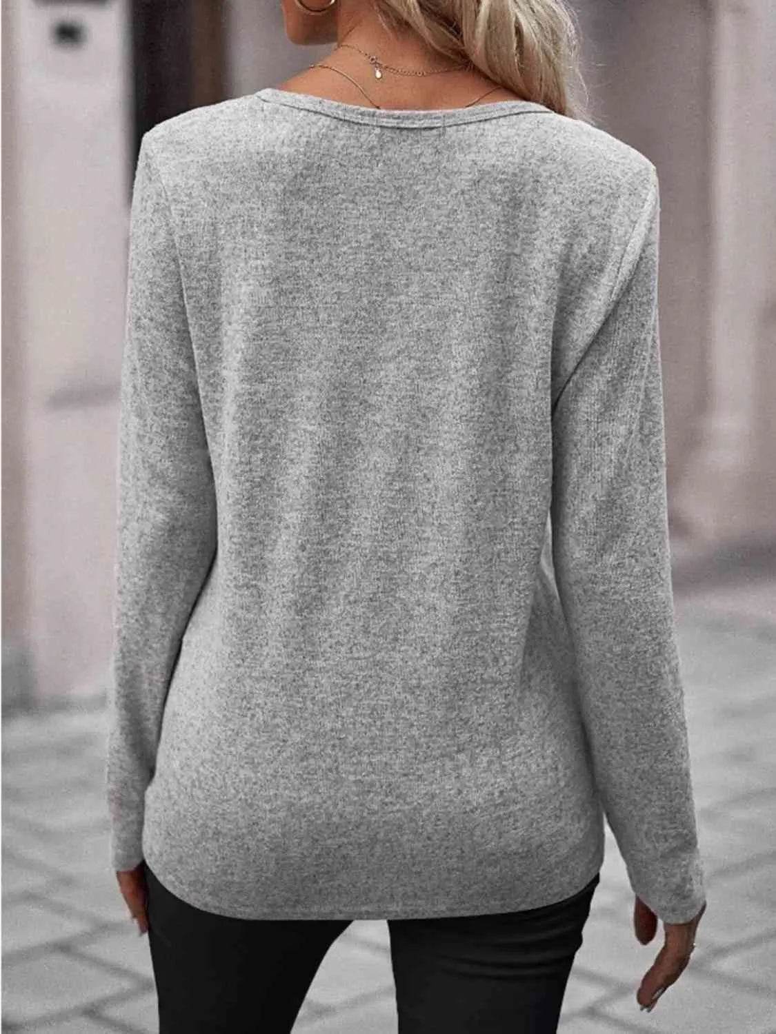 Round Neck Buttoned Long Sleeve T-Shirt - Bona Fide Fashion