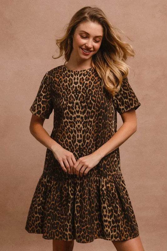 BiBi Tie Back Leopard Round Neck Short Sleeve Dress - Bona Fide Fashion
