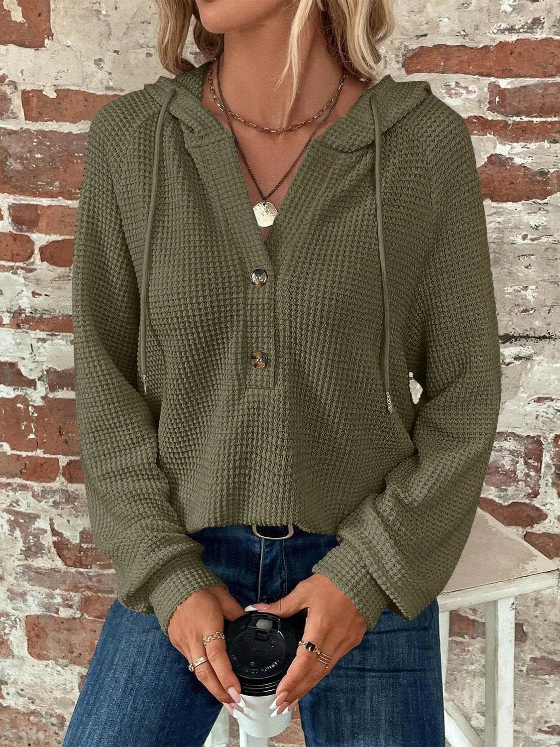 Waffle Knit Long Sleeve Drawstring Hooded Top - Bona Fide Fashion
