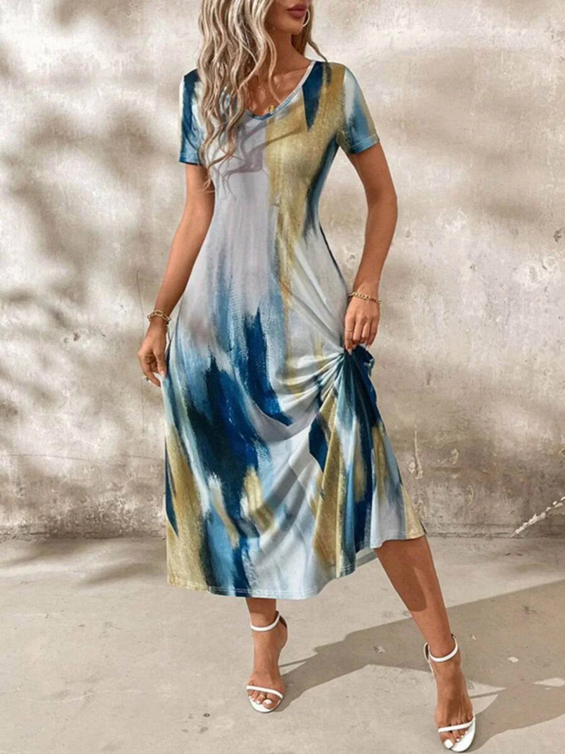 Tie-Dye V-Neck Short Sleeve Midi Tee Dress - Bona Fide Fashion
