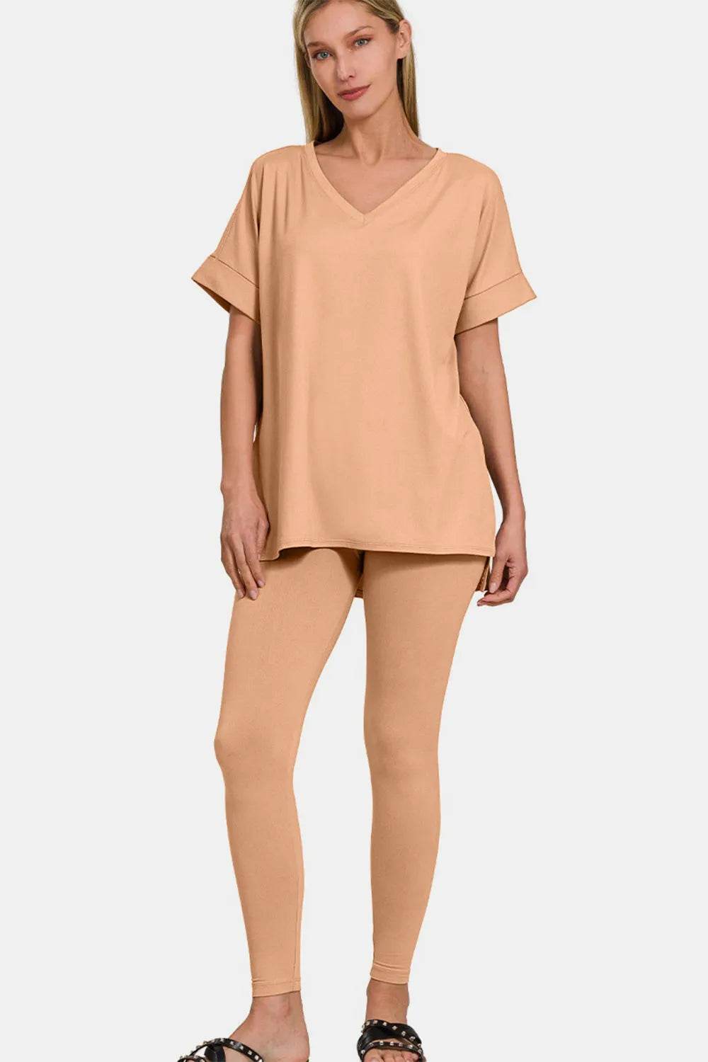 Zenana Full Size V-Neck Rolled Short Sleeve T-Shirt and Leggings Lounge Set - Bona Fide Fashion