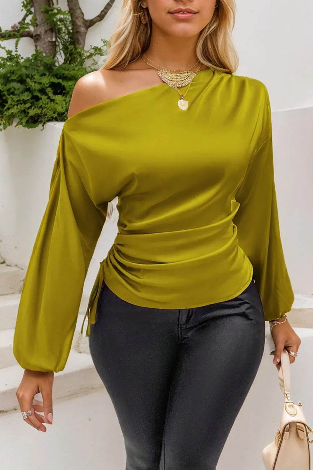 Drawstring One Shoulder Long Sleeve Blouse - Bona Fide Fashion