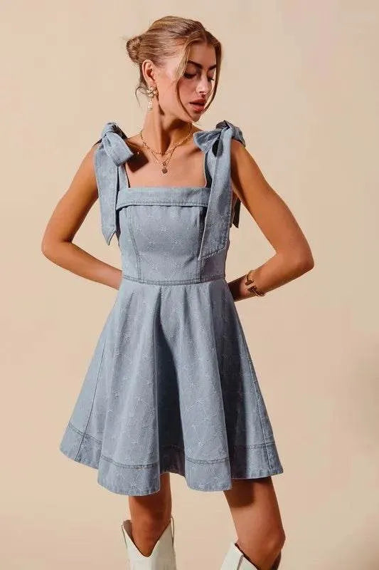 SO ME A Line Fit and Flare Diamond Bow Ribbon Denim Dres - Bona Fide Fashion