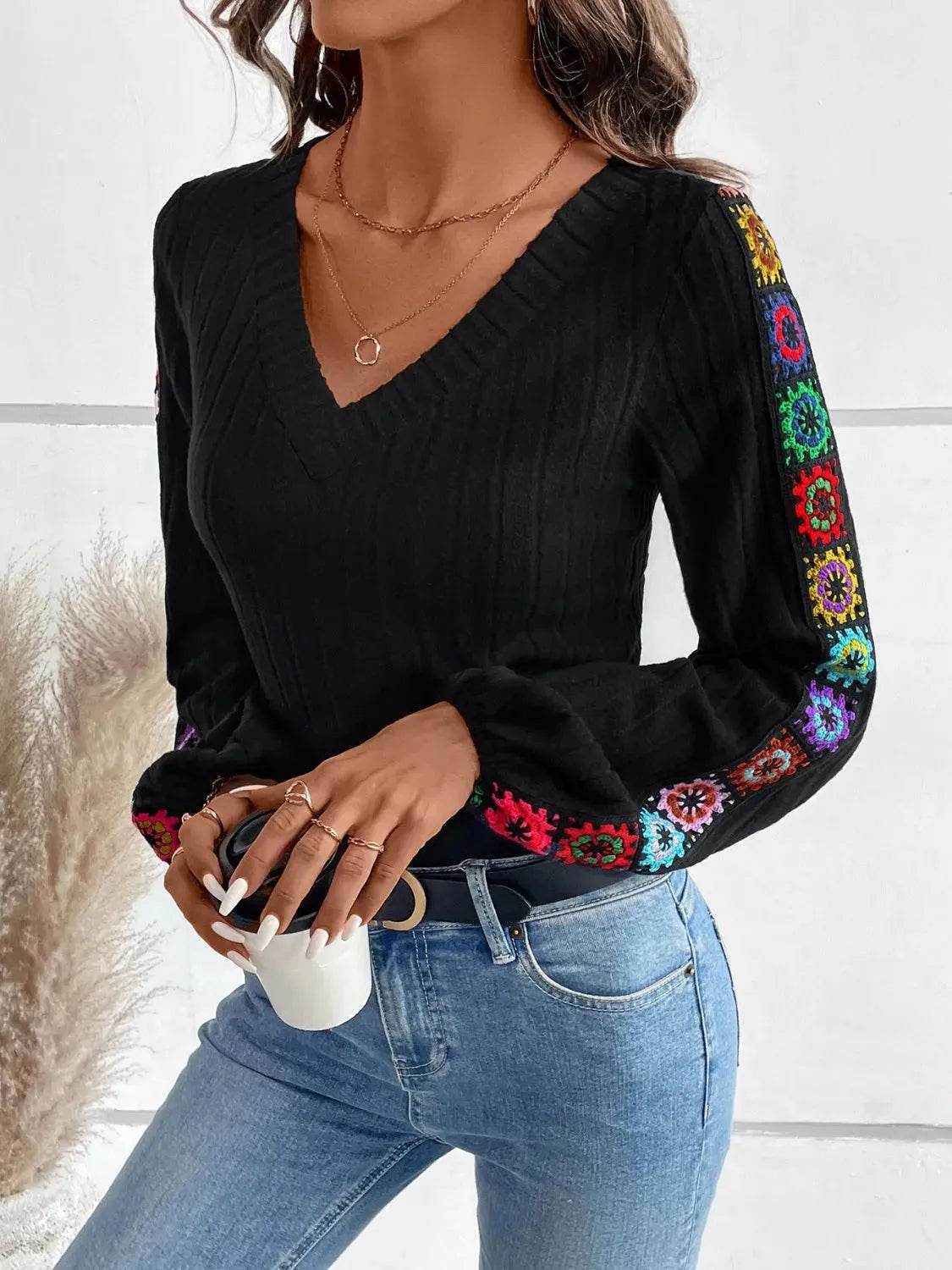 V-Neck Crochet Long Sleeve Top - Bona Fide Fashion