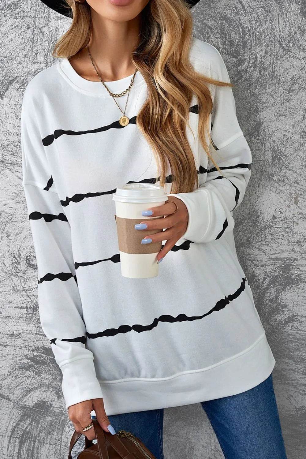 Slit Contrast Striped Round Neck Long Sleeve T-Shirt - Bona Fide Fashion