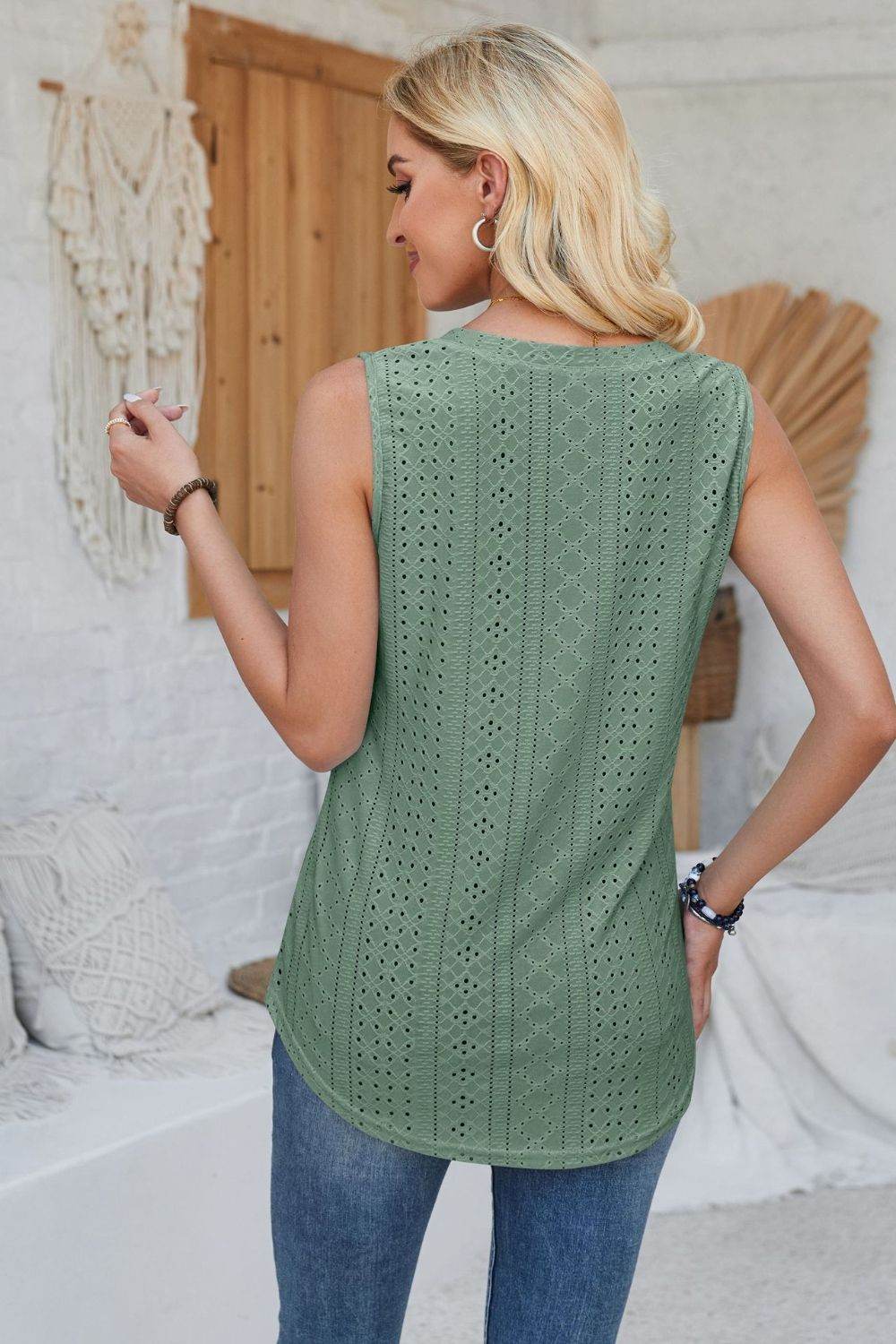 Eyelet Decorative Button V-Neck Tank - Bona Fide Fashion