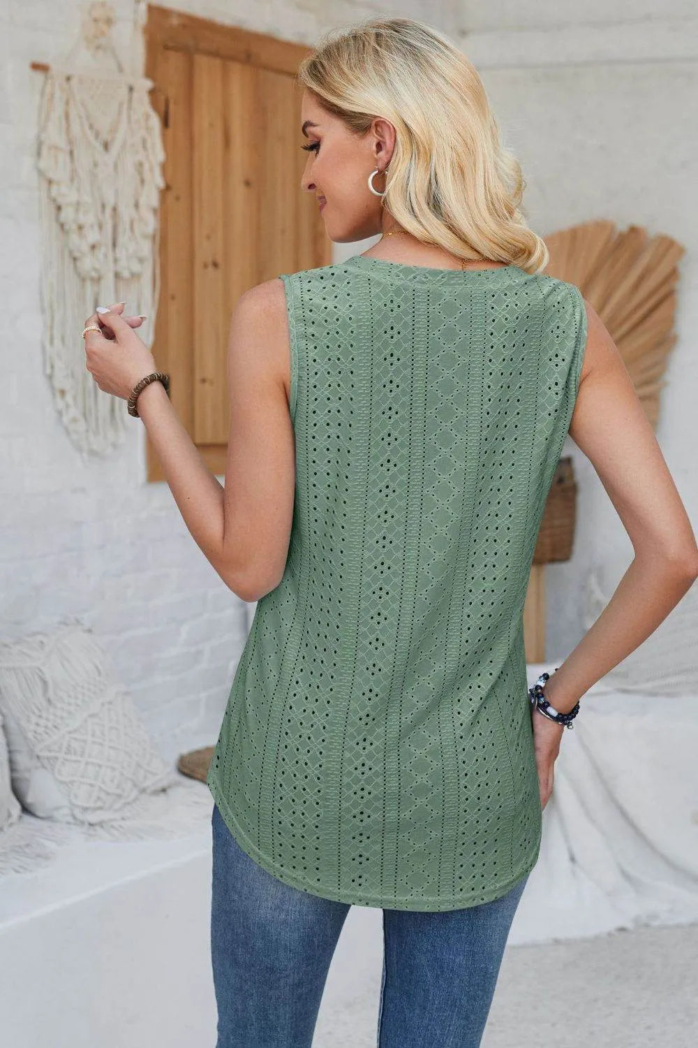 Eyelet Decorative Button V-Neck Tank - Bona Fide Fashion