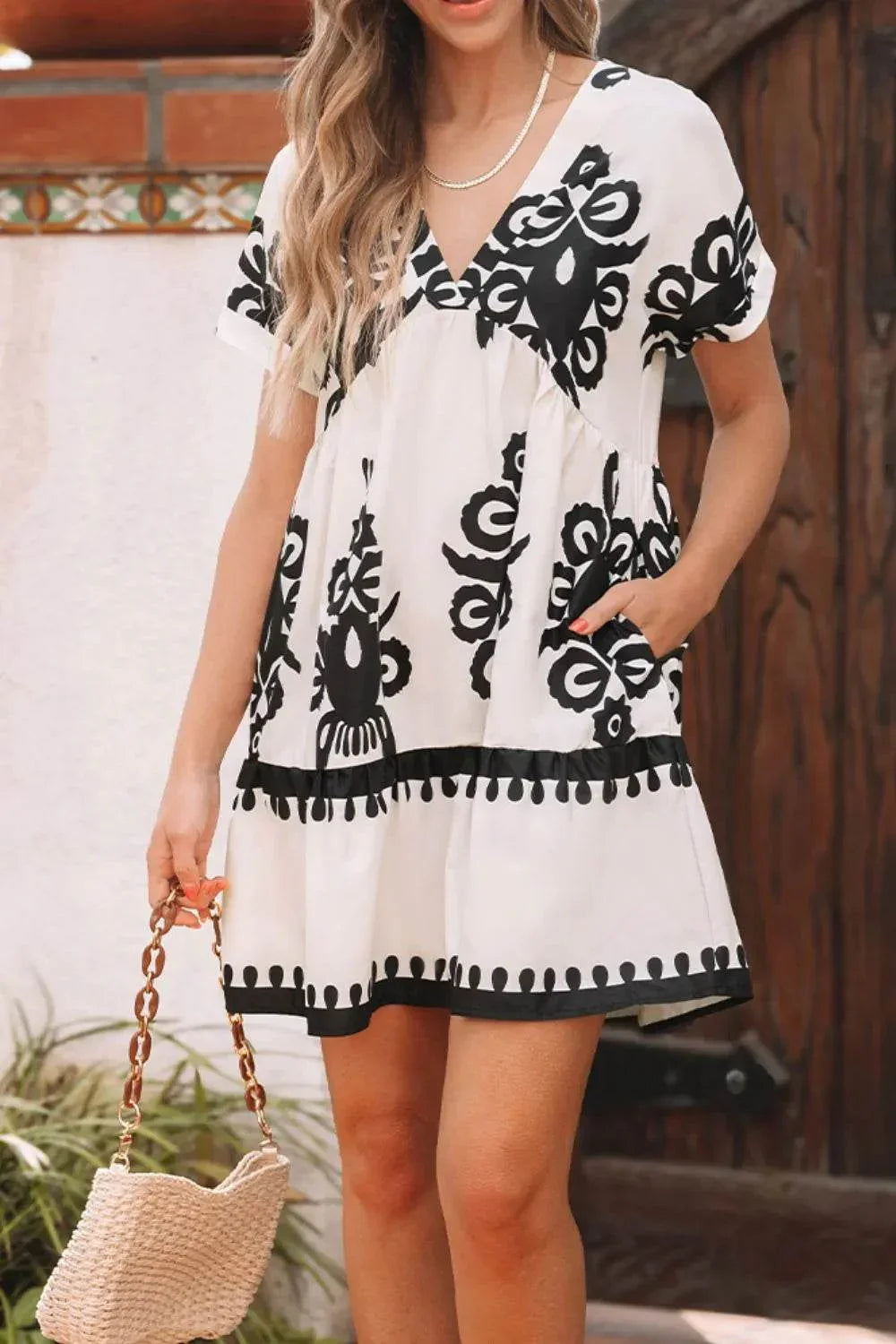 Printed V-Neck Short Sleeve Dress - Bona Fide Fashion