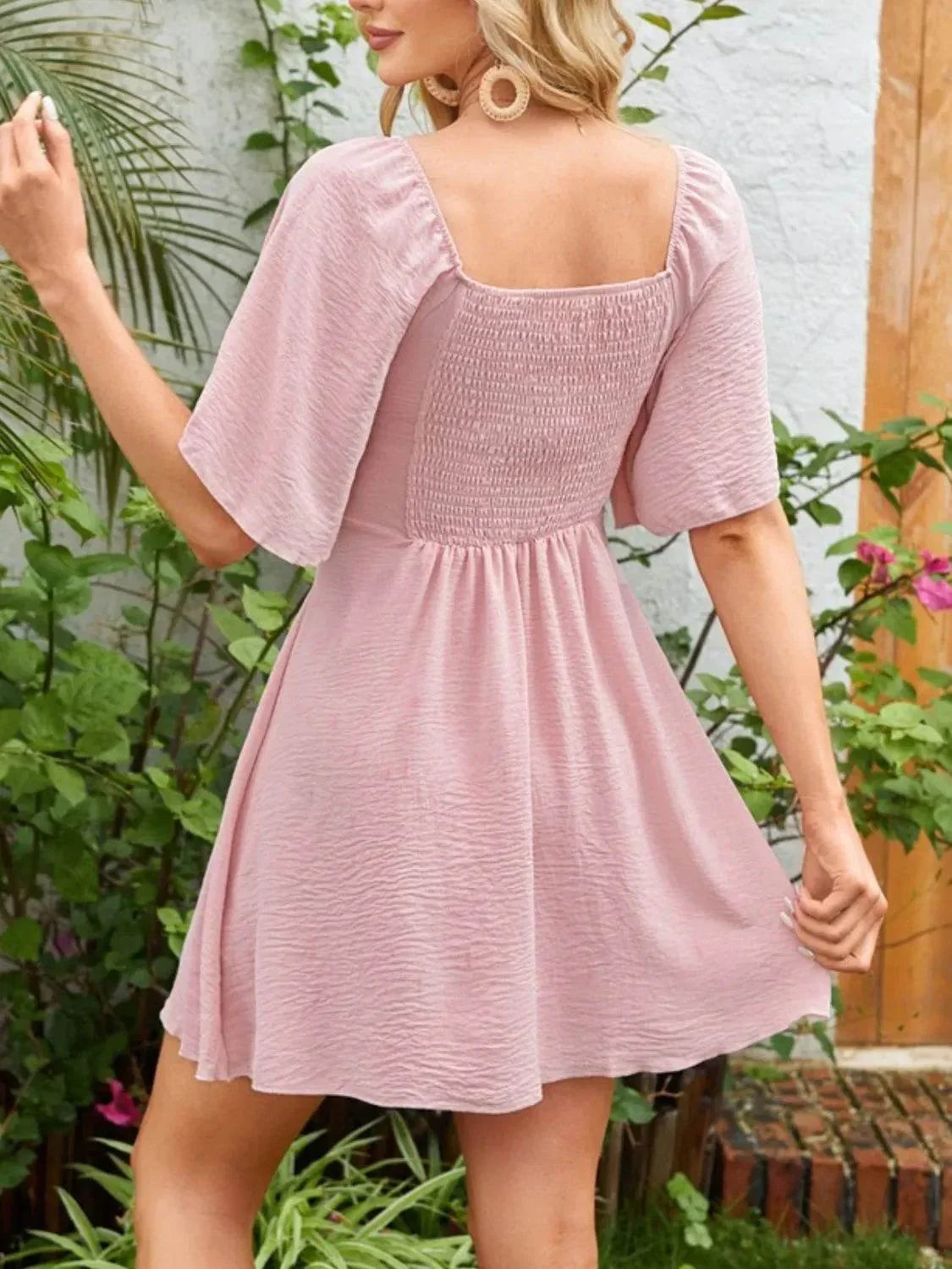 Smocked Back Knotted Flutter Sleeve Dress - Bona Fide Fashion