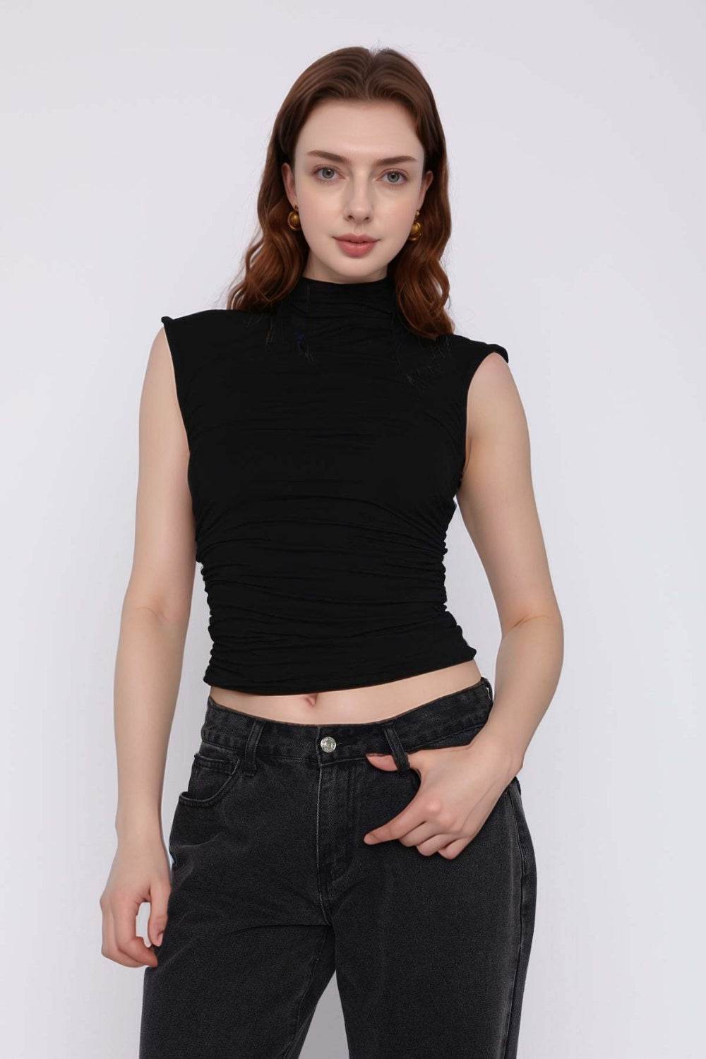 Mock Neck Ruched Tank - Bona Fide Fashion