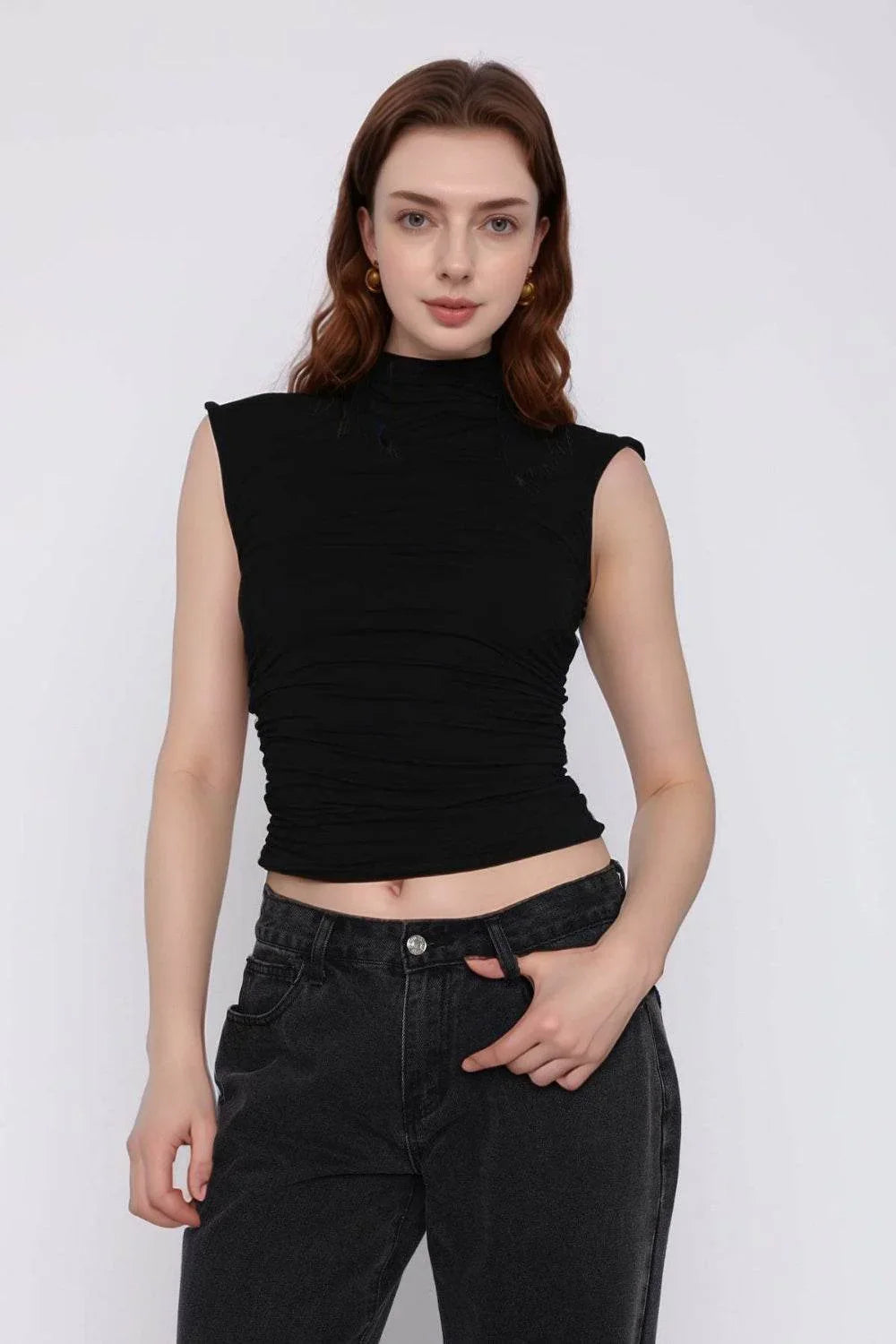 Mock Neck Ruched Tank - Bona Fide Fashion