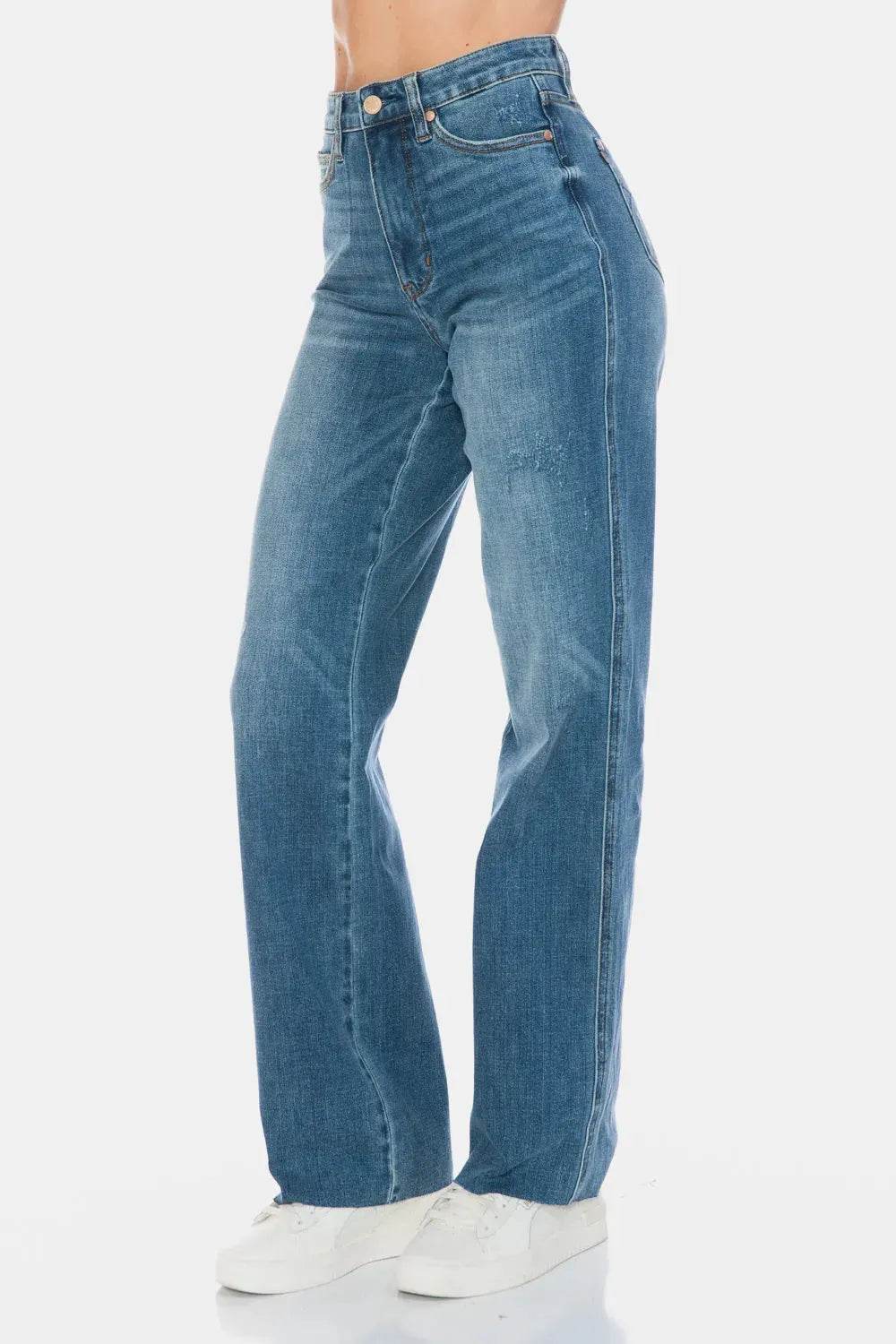 Judy Blue Full Size Tummy Control Cut Raw Hem Straight Jeans - Bona Fide Fashion