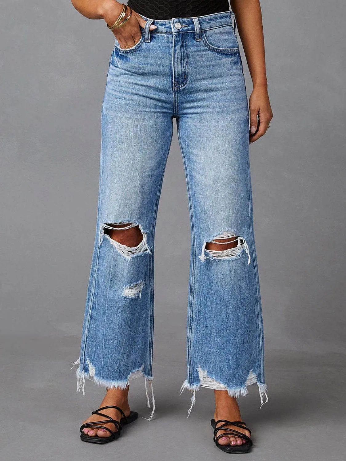 Distressed Raw Hem Jeans with Pockets - Bona Fide Fashion