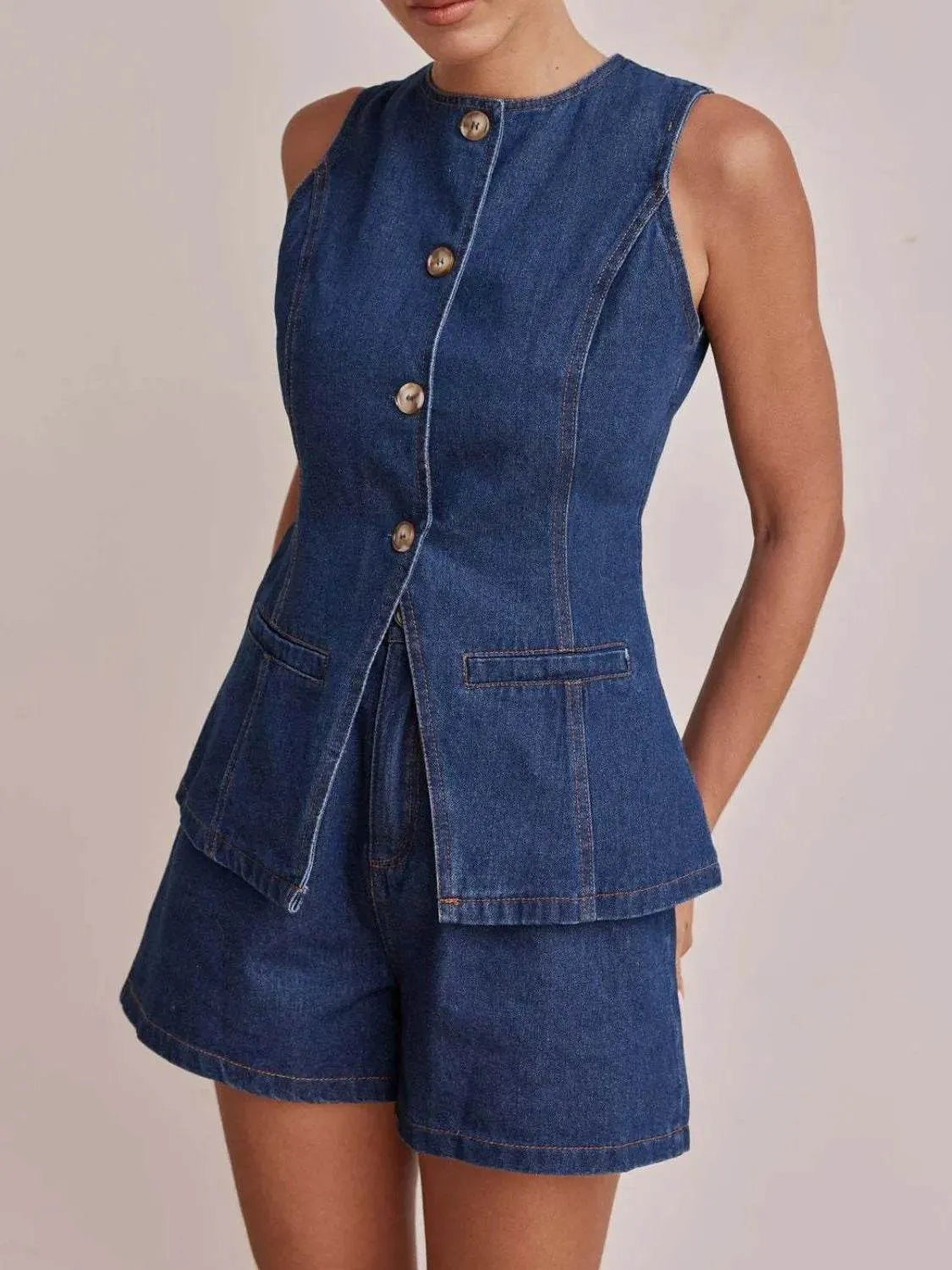 Button Down Vest and Shorts Denim Set - Bona Fide Fashion