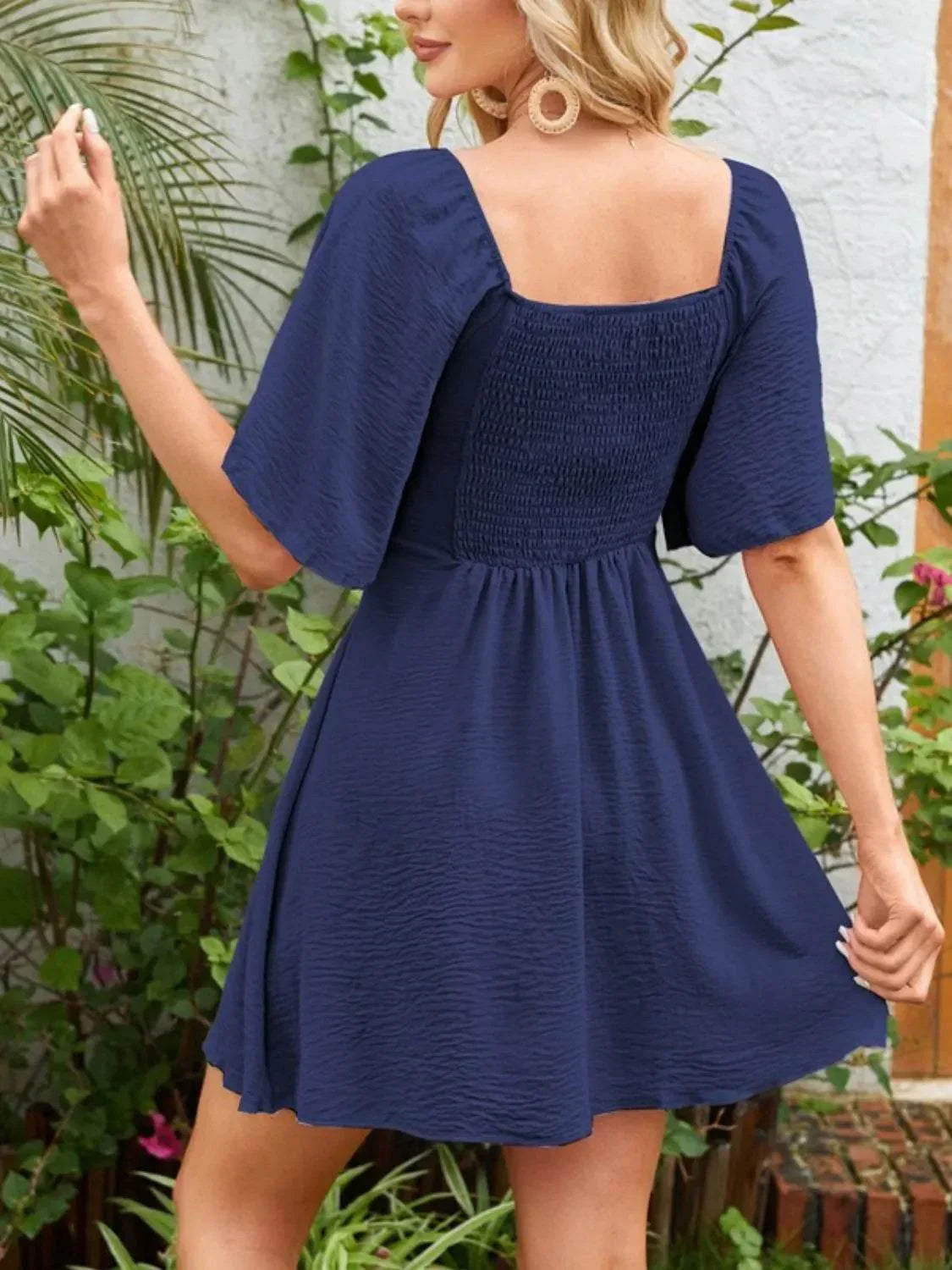 Smocked Back Knotted Flutter Sleeve Dress - Bona Fide Fashion