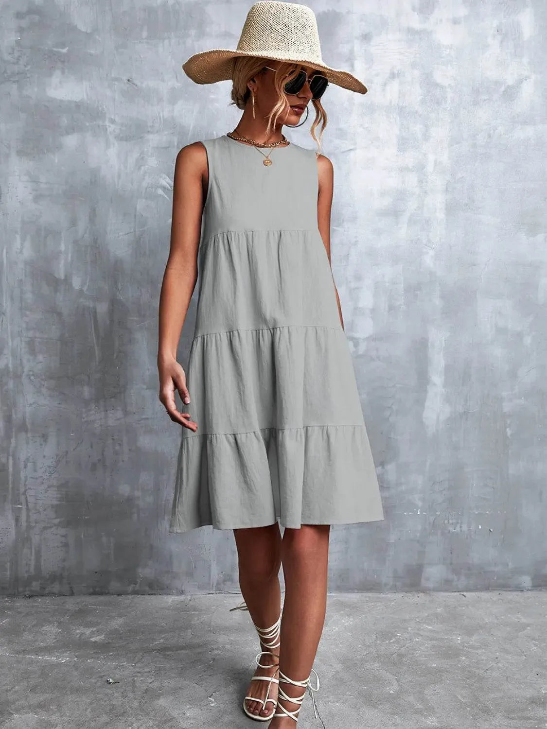 Tiered Round Neck Sleeveless Mini Tank Dress - Bona Fide Fashion