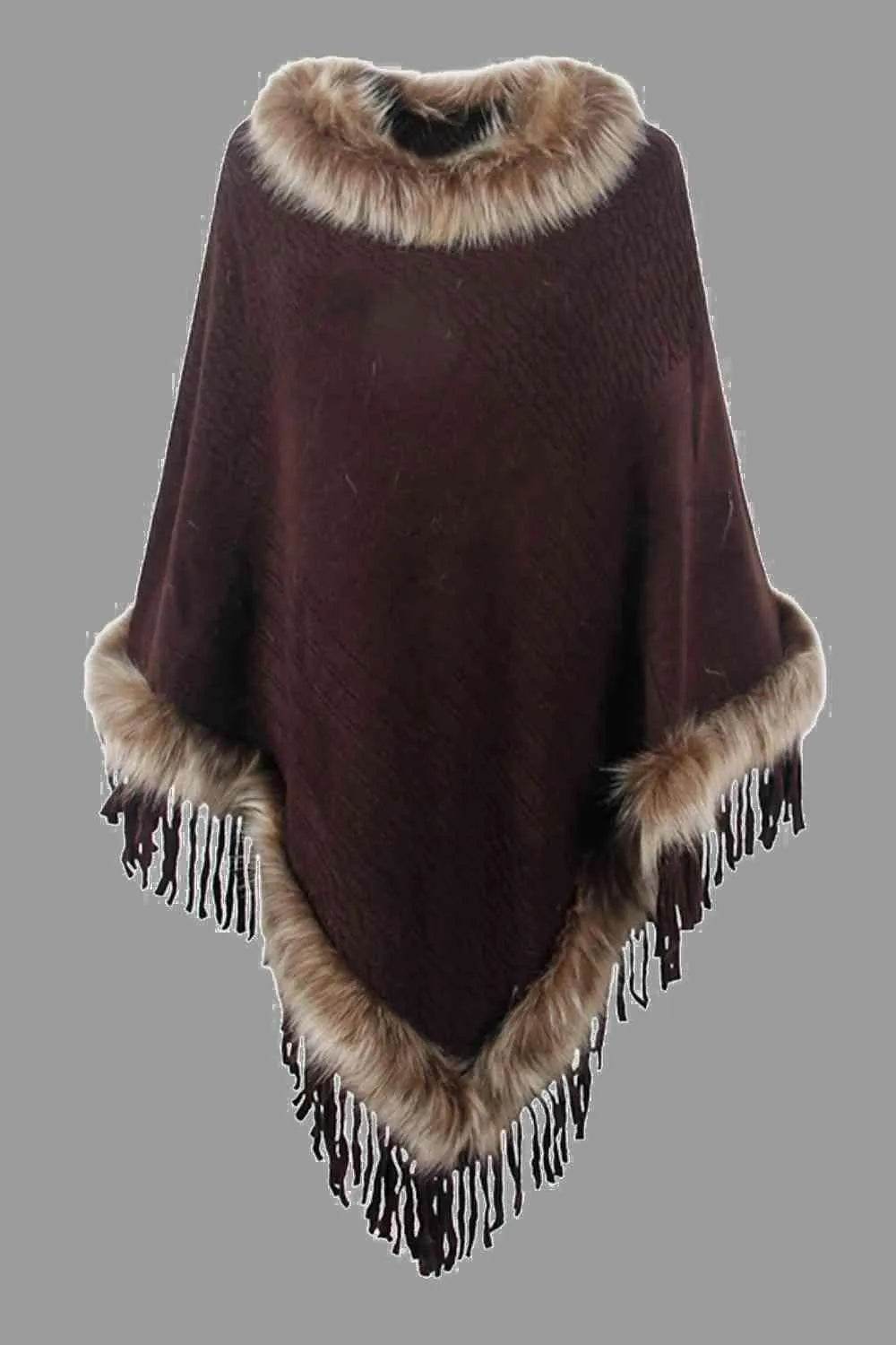 Faux Fur Trim Fringed Poncho - Bona Fide Fashion