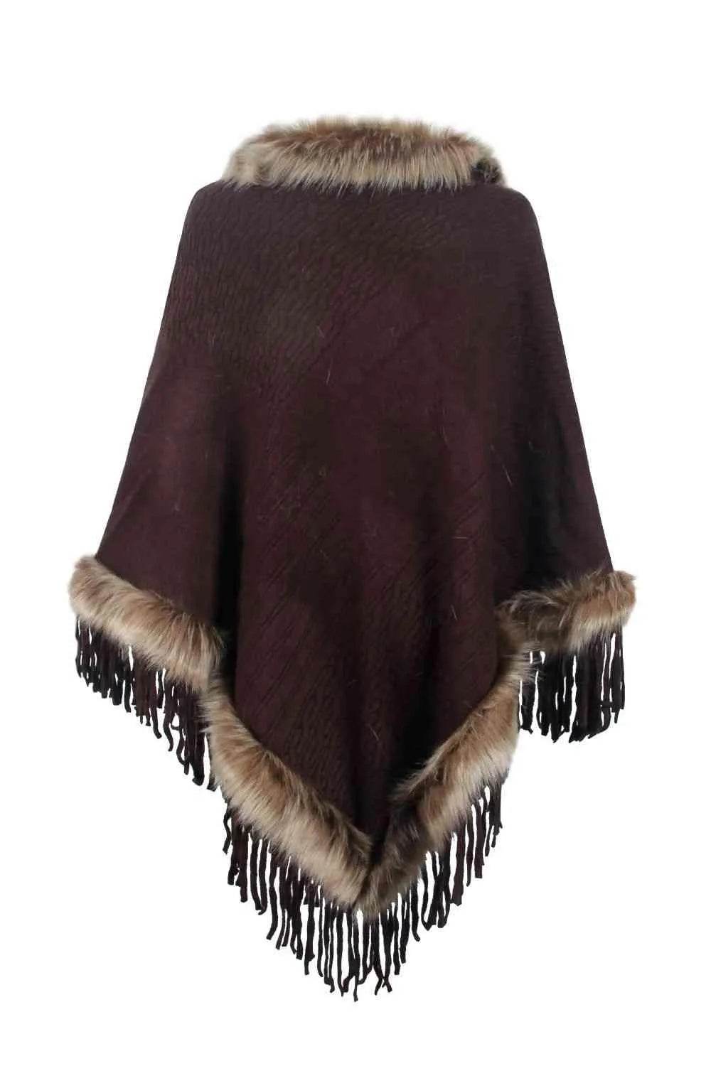 Faux Fur Trim Fringed Poncho - Bona Fide Fashion