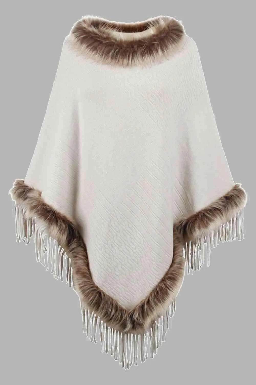 Faux Fur Trim Fringed Poncho - Bona Fide Fashion