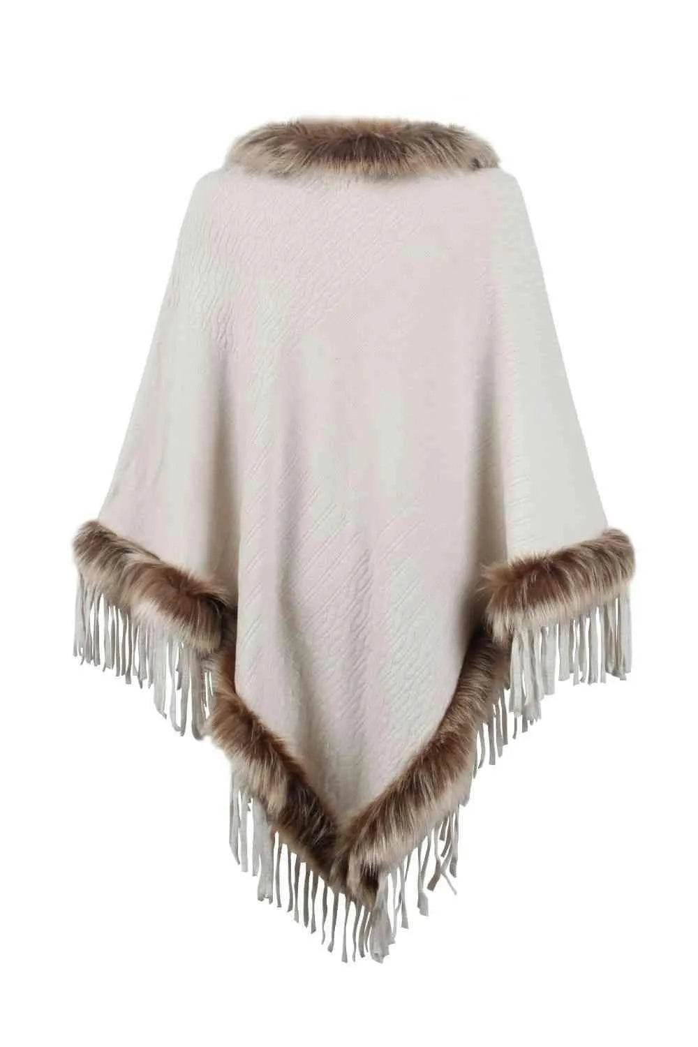 Faux Fur Trim Fringed Poncho - Bona Fide Fashion