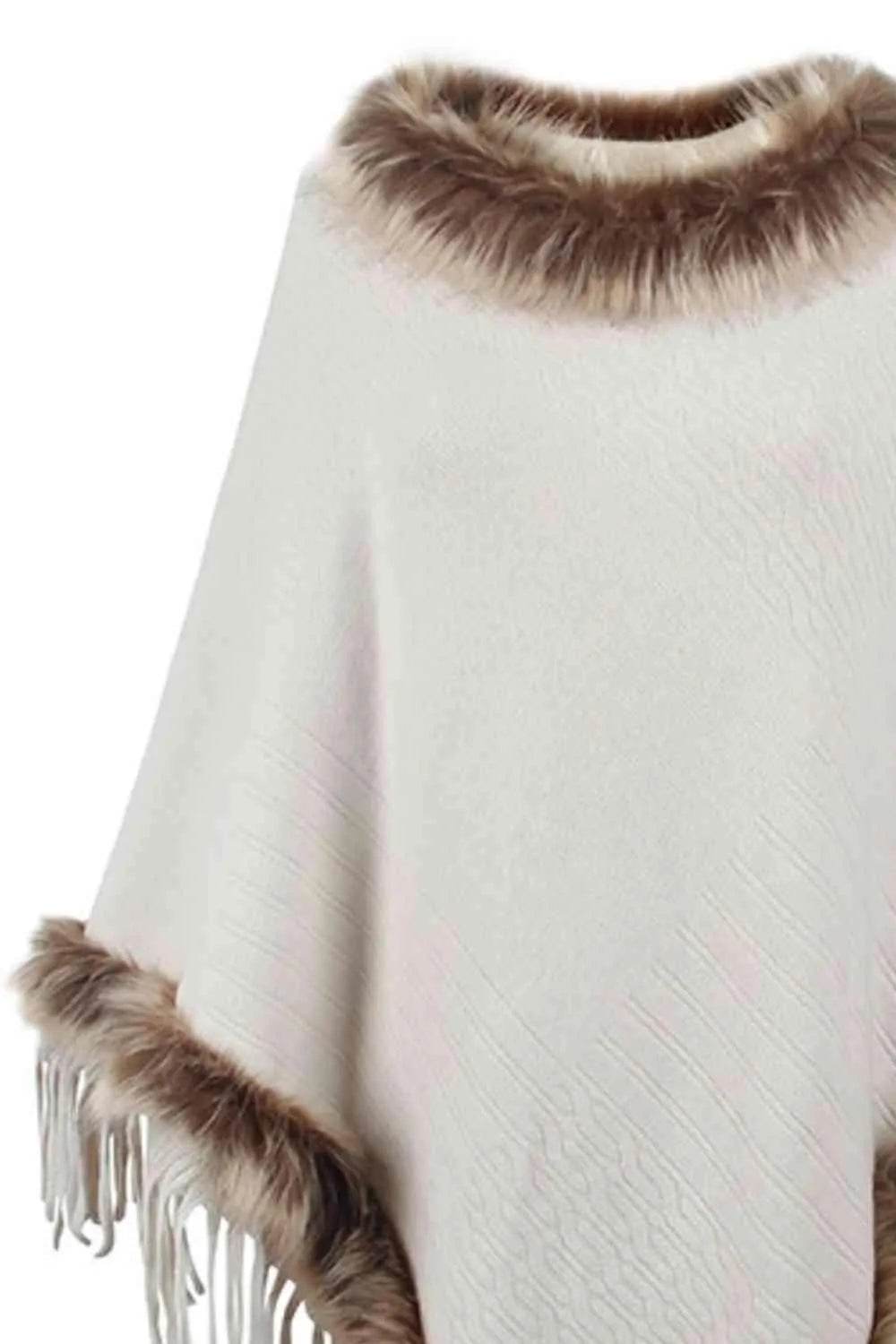 Faux Fur Trim Fringed Poncho - Bona Fide Fashion