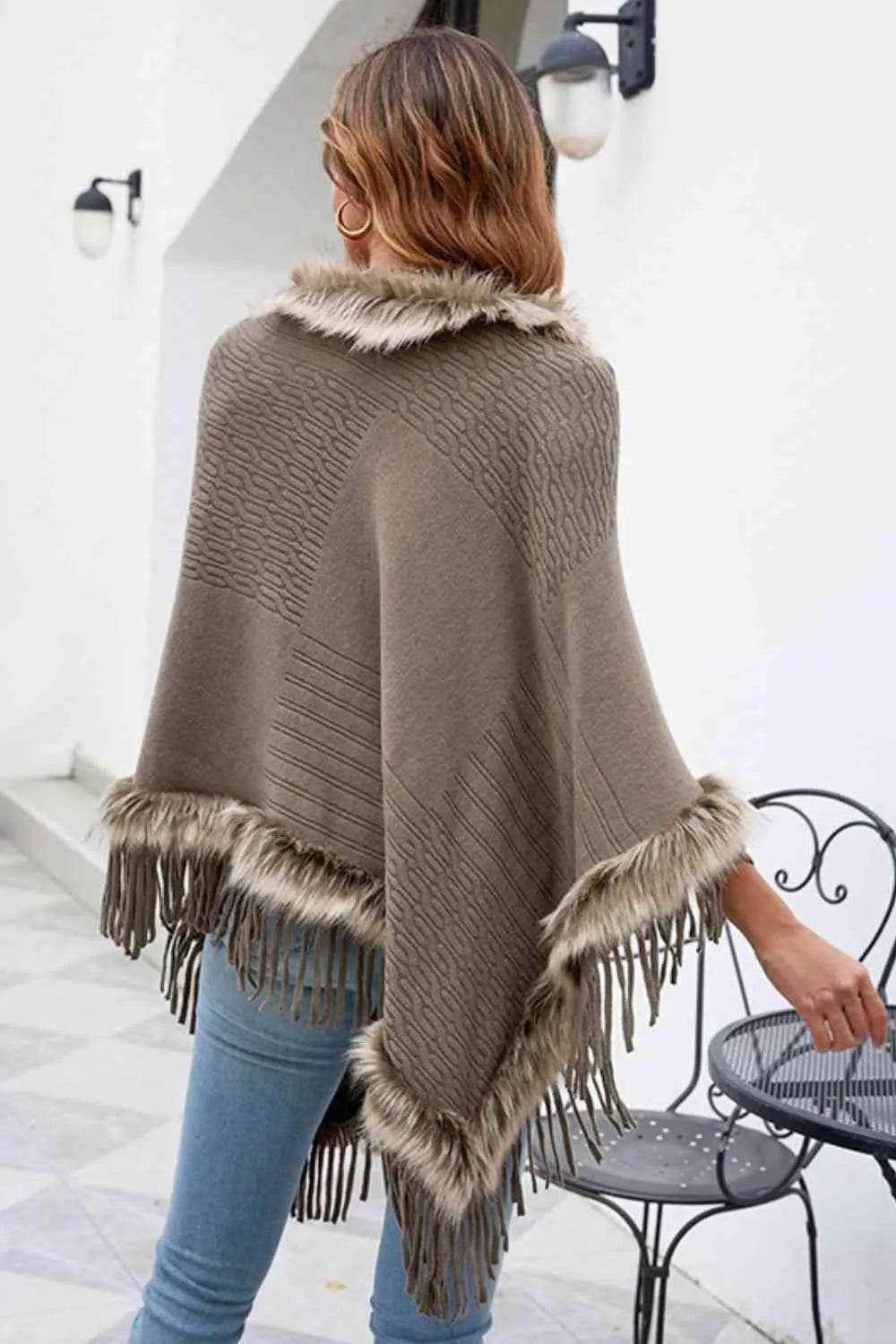 Faux Fur Trim Fringed Poncho - Bona Fide Fashion