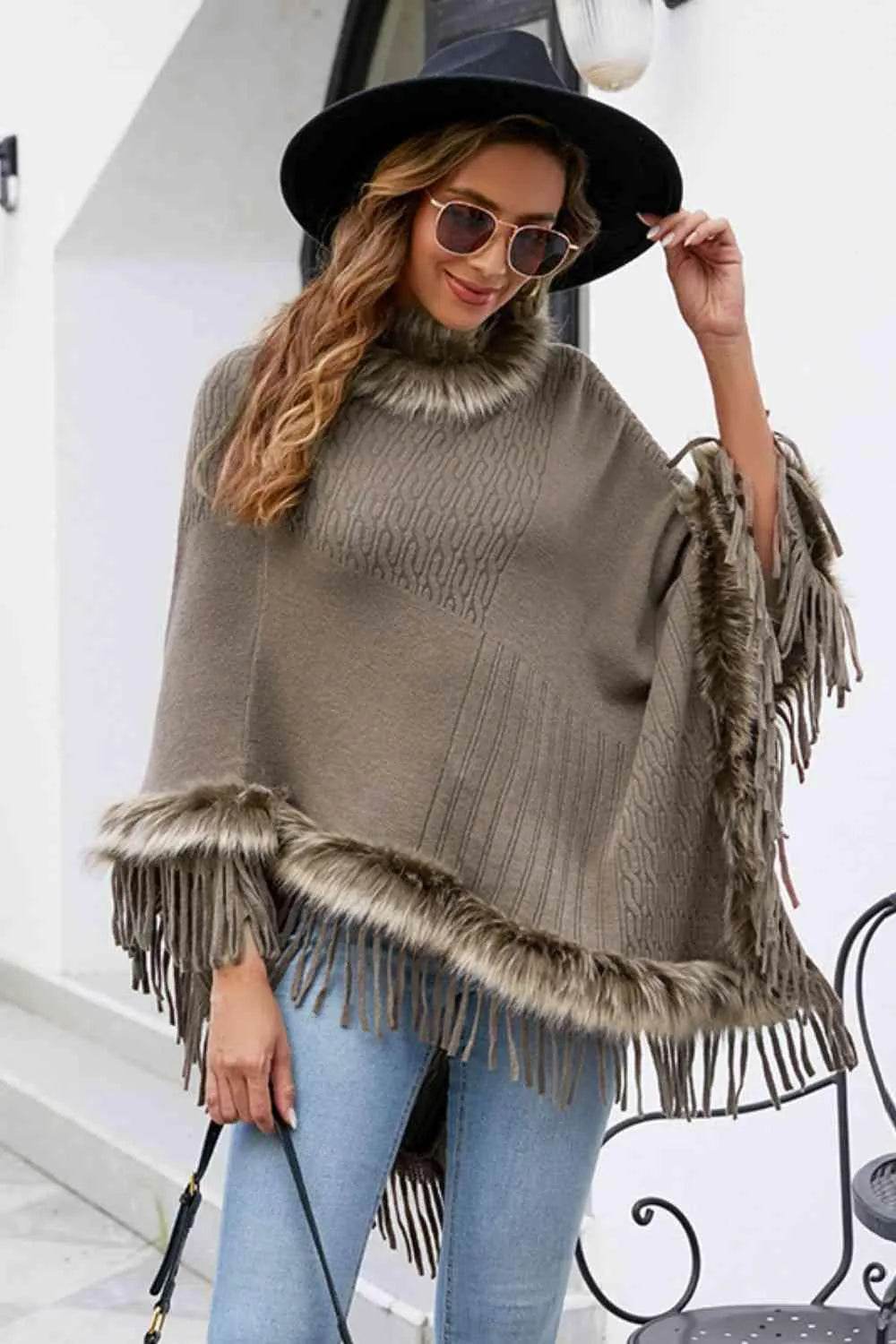 Faux Fur Trim Fringed Poncho - Bona Fide Fashion