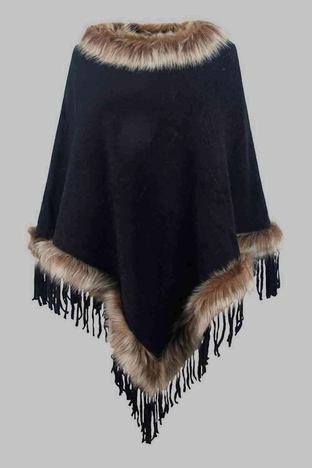 Faux Fur Trim Fringed Poncho - Bona Fide Fashion