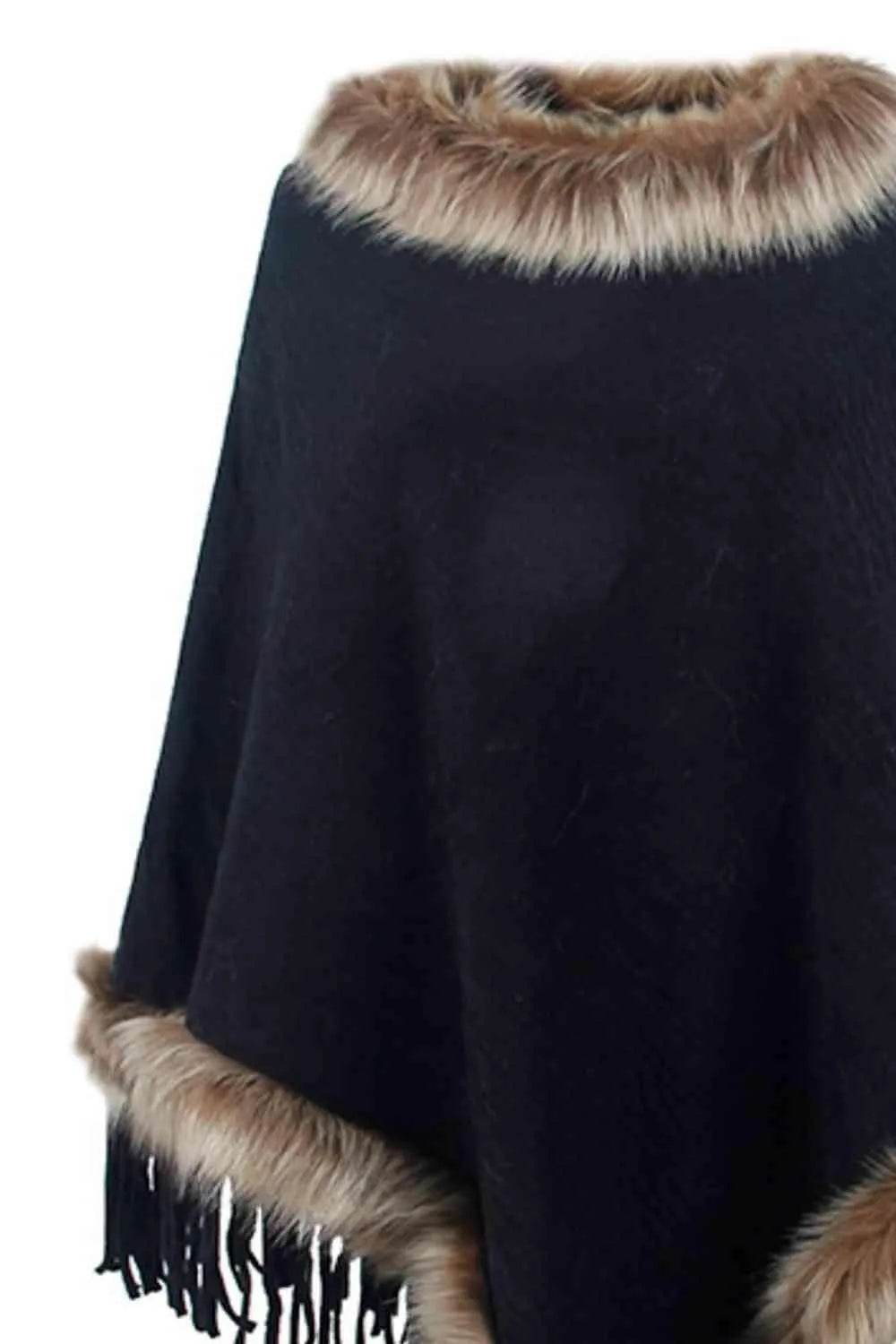 Faux Fur Trim Fringed Poncho - Bona Fide Fashion