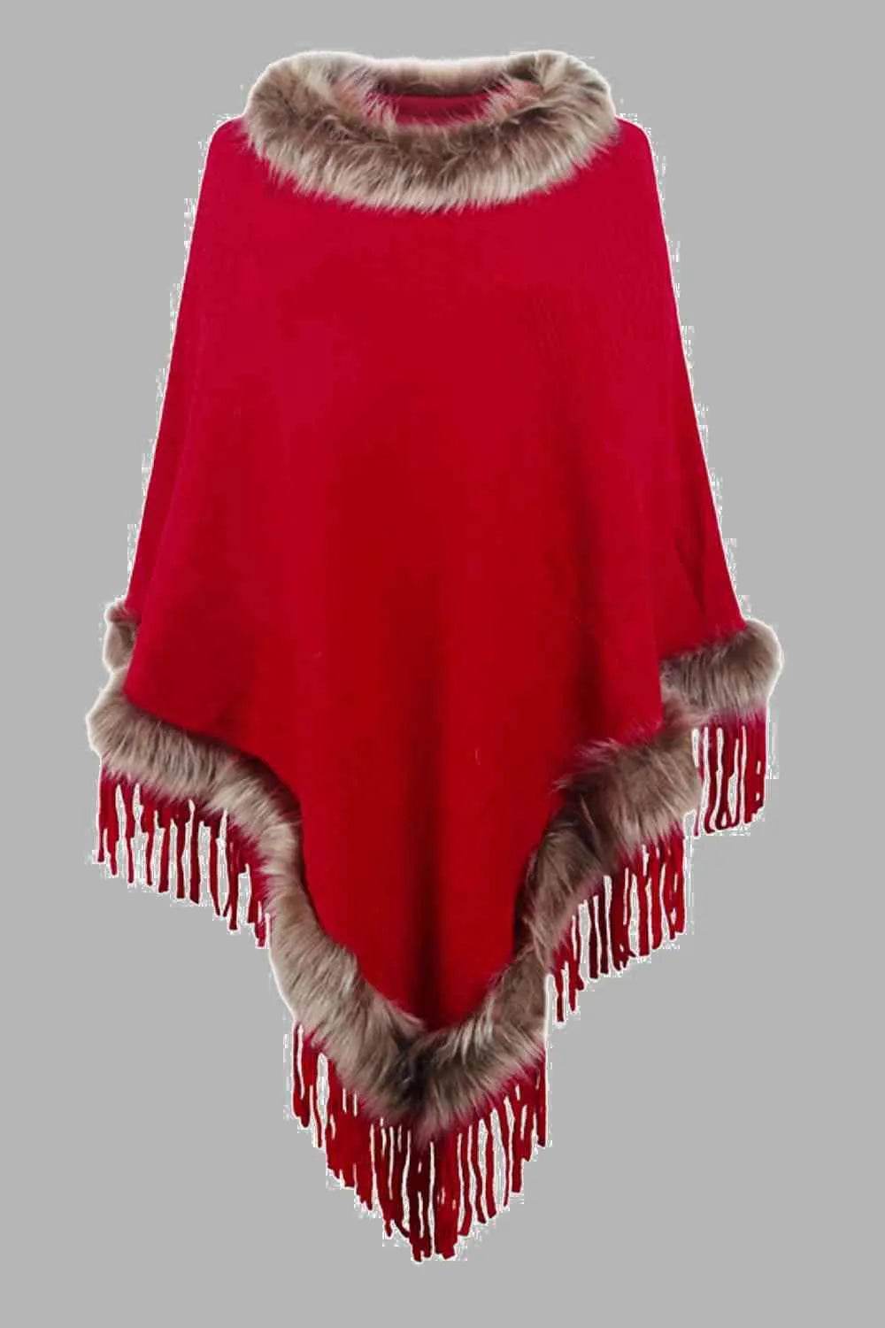 Faux Fur Trim Fringed Poncho - Bona Fide Fashion
