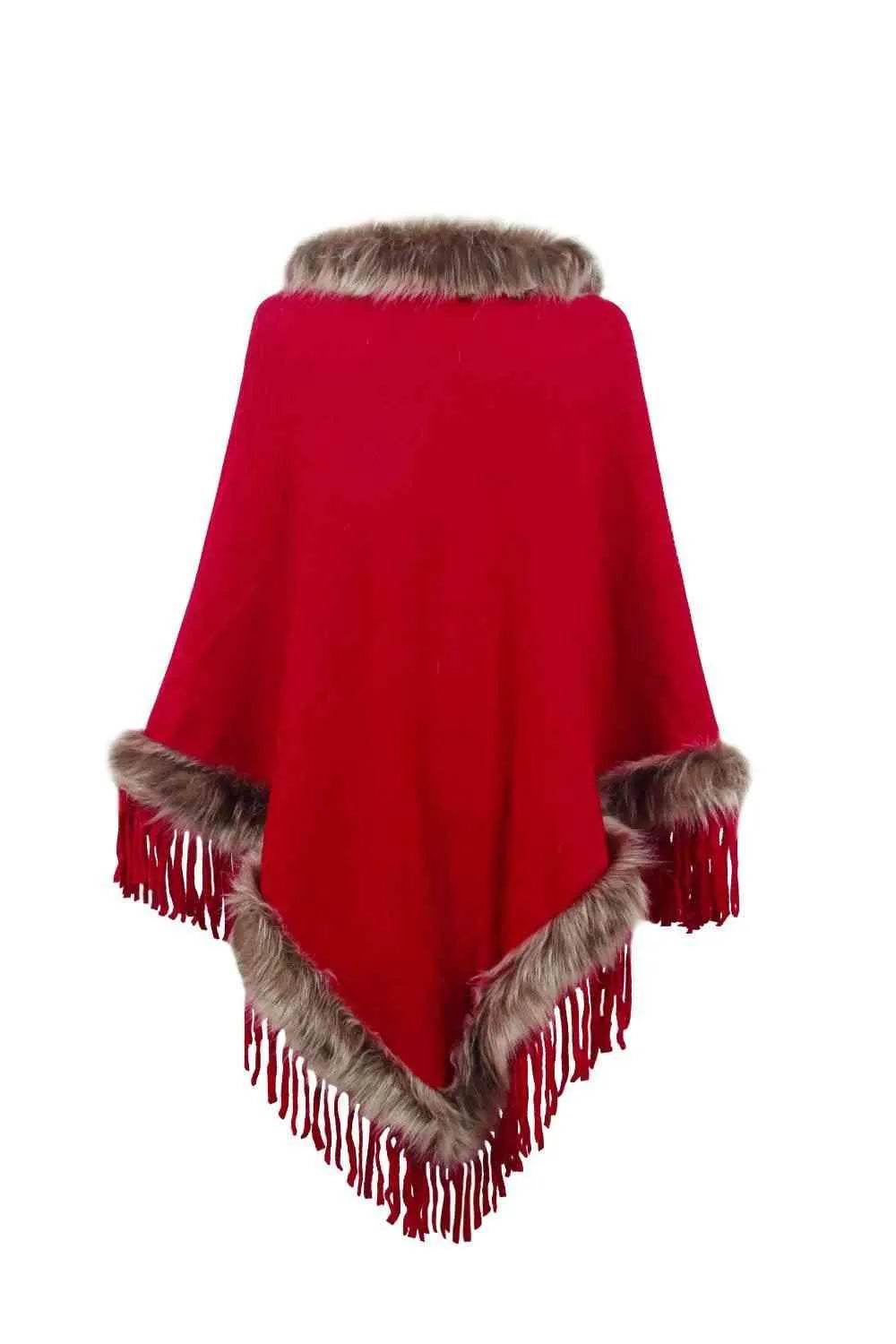 Faux Fur Trim Fringed Poncho - Bona Fide Fashion