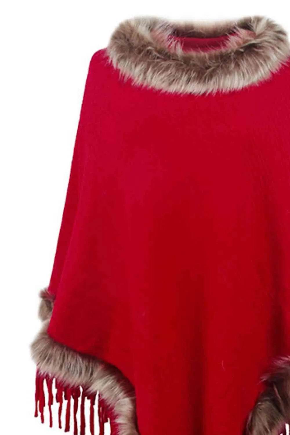 Faux Fur Trim Fringed Poncho - Bona Fide Fashion