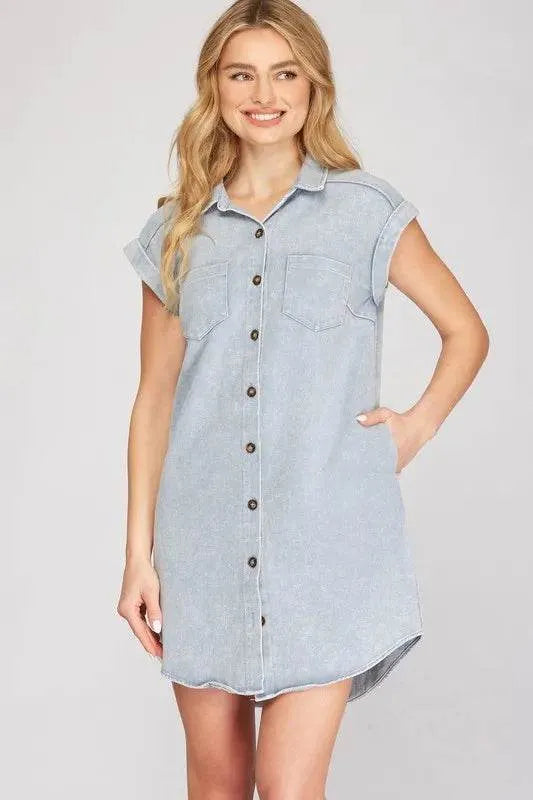 She + Sky Full Size Folded Cuff Button Down Washed Twill Shirt Dress Plus Size - Bona Fide Fashion