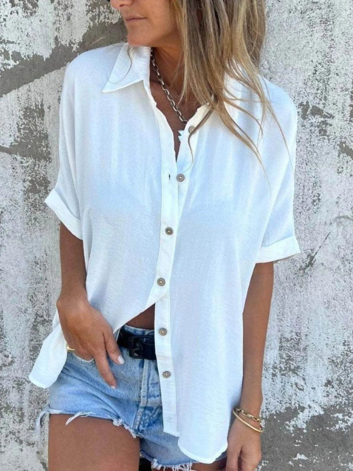Full Size Button Down Short Sleeve Shirt Plus Size - Bona Fide Fashion