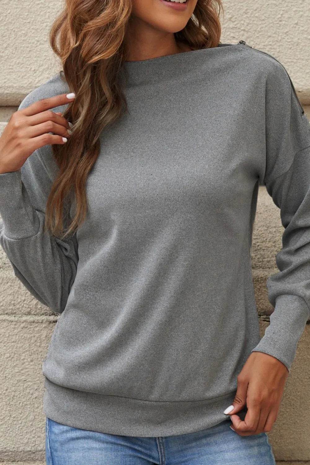 Single Shoulder Long Sleeve Sweatshirt with Zip - Bona Fide Fashion