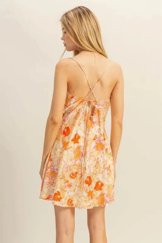 HYFVE Floral Cowl Neck Flirty Satin Mini Dress - Bona Fide Fashion