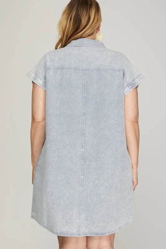 She + Sky Full Size Folded Cuff Button Down Washed Twill Shirt Dress Plus Size - Bona Fide Fashion
