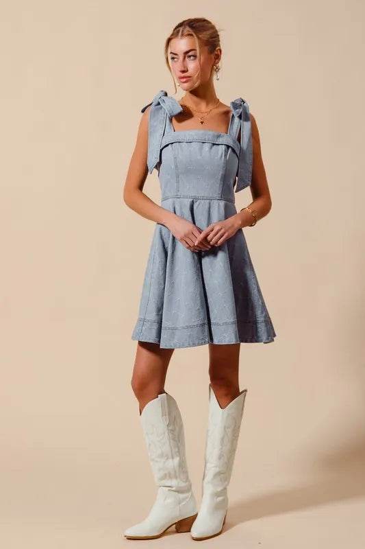 SO ME A Line Fit and Flare Diamond Bow Ribbon Denim Dres - Bona Fide Fashion