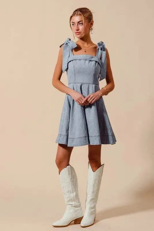 SO ME A Line Fit and Flare Diamond Bow Ribbon Denim Dres - Bona Fide Fashion