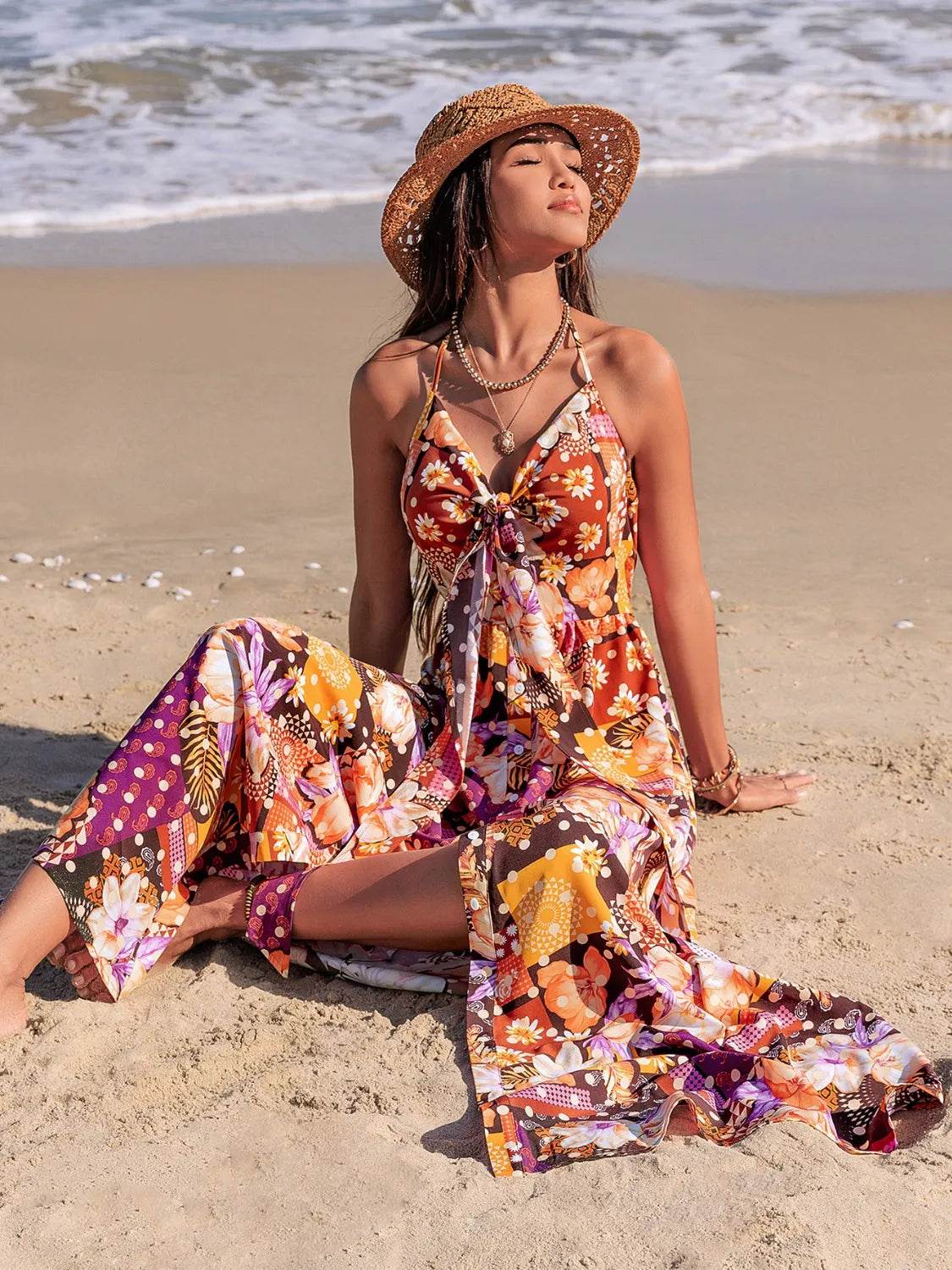 Slit Printed Halter Neck Cami Dress - Bona Fide Fashion