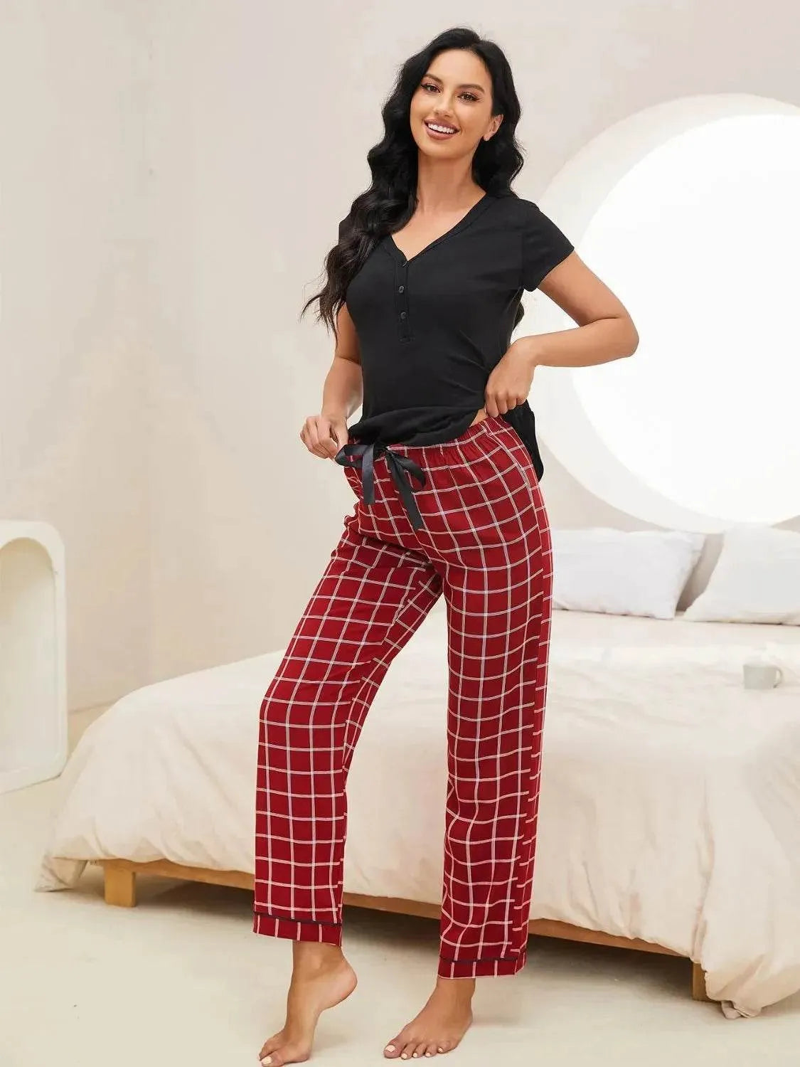 V-Neck Short Sleeve and Pants Lounge Set - Bona Fide Fashion