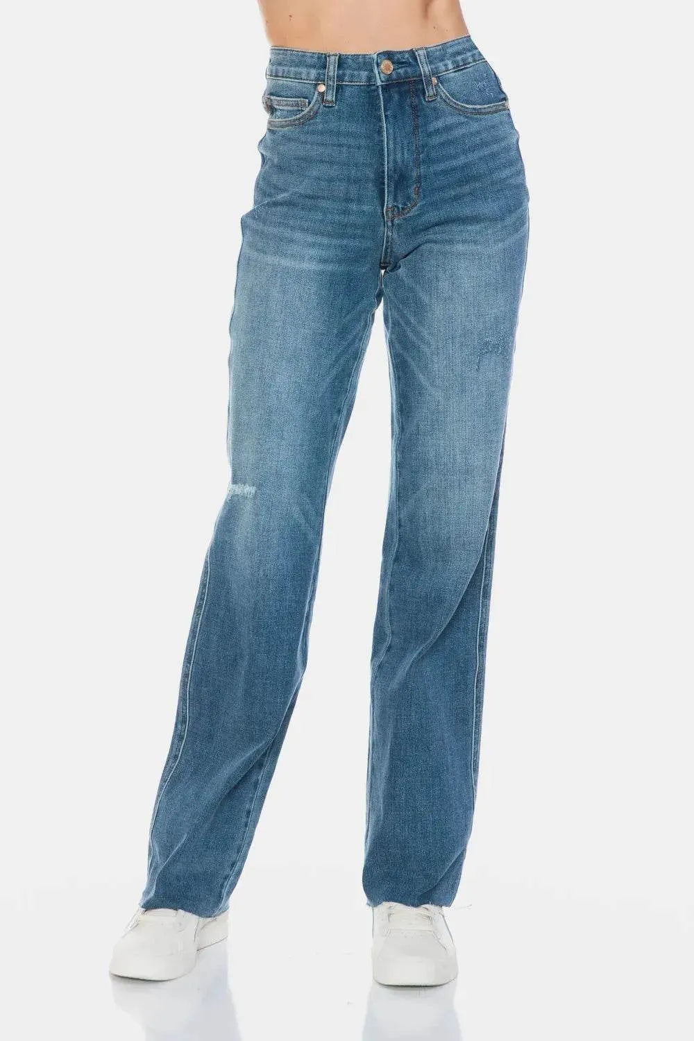 Judy Blue Full Size Tummy Control Cut Raw Hem Straight Jeans - Bona Fide Fashion
