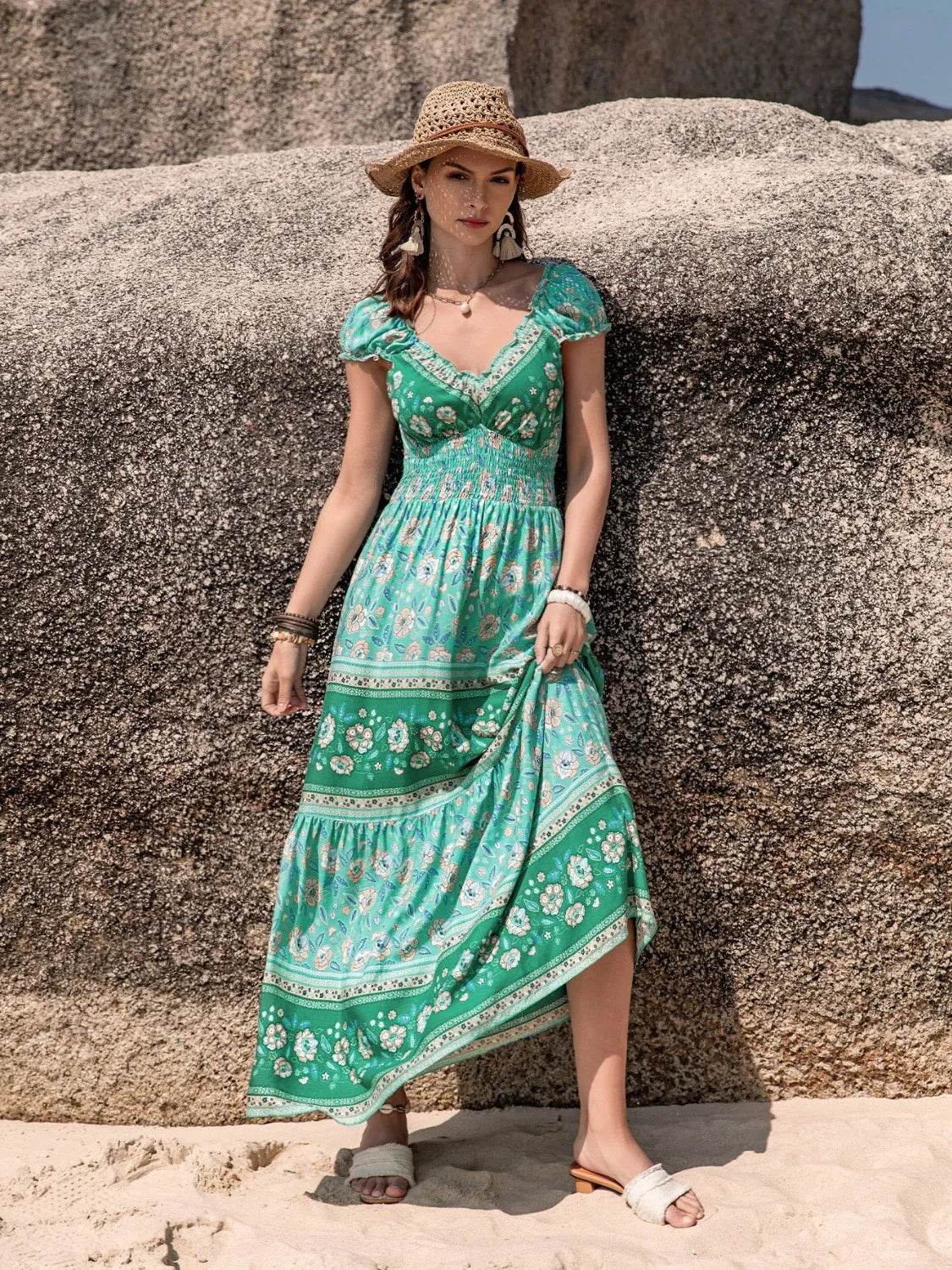 Smocked Printed V-Neck Dress - Bona Fide Fashion
