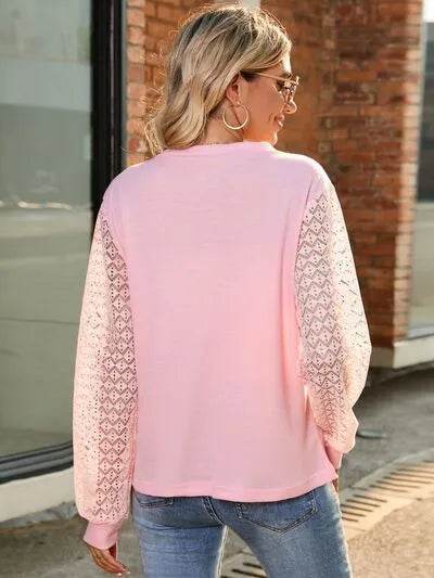 Full Size Round Neck Lace Long Sleeve T-Shirt Plus Size - Bona Fide Fashion
